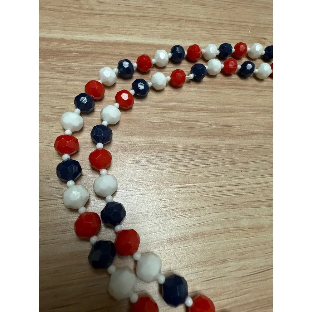 Vintage Red White Blue Faceted Bead Long Necklace Patriotic 28 Inch Strand